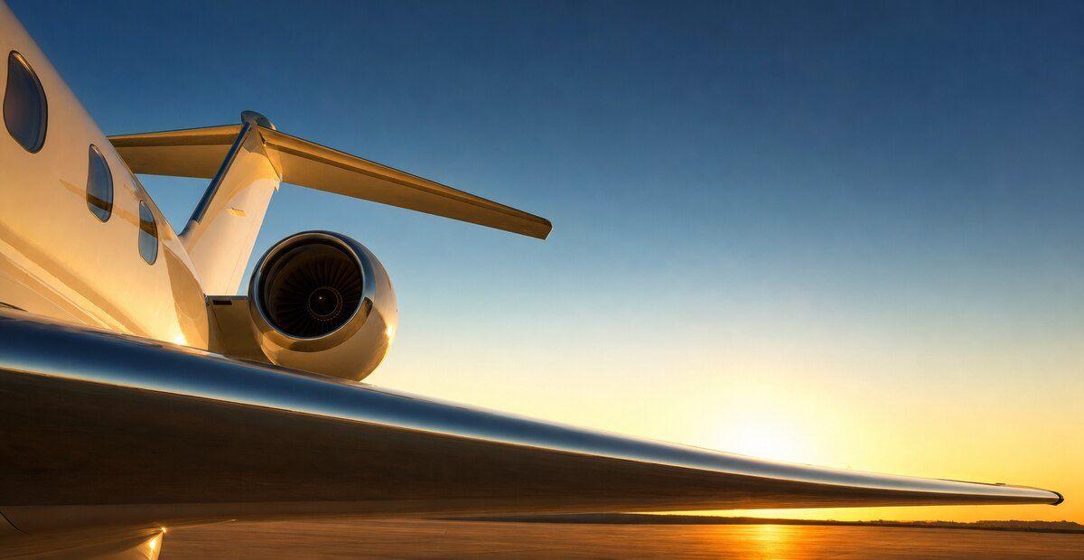 The wing and engine of a Jet Agency aircraft at sunset