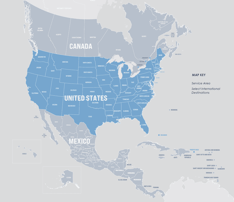 Coverage map: the continental United States service area in blue, with select Canadian cities, the Bahamas, Puerto Rico and select Caribbean destinations marked