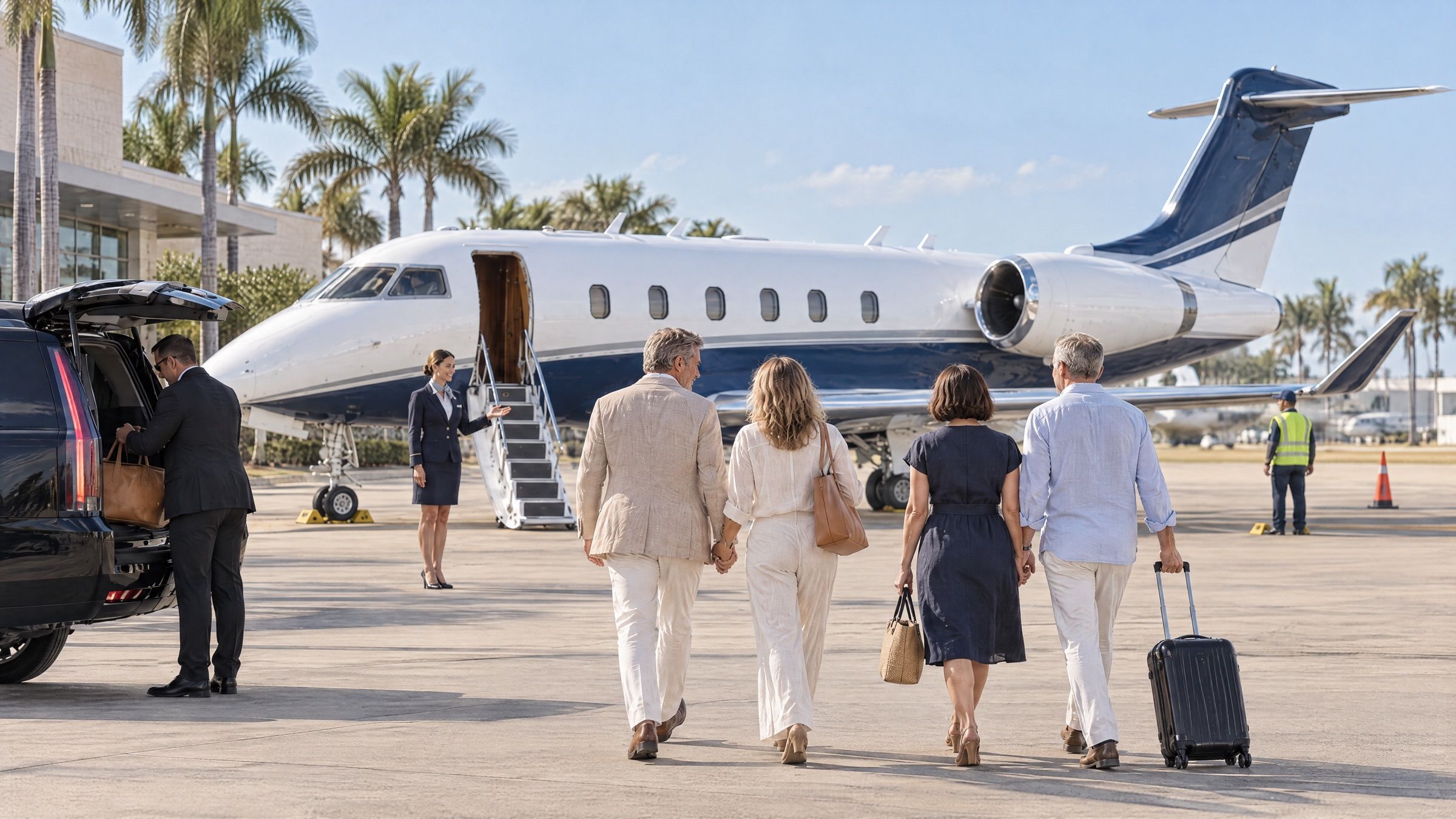 A flight attendant welcomes a couple walking to a private jet on a sunlit, palm-lined ramp